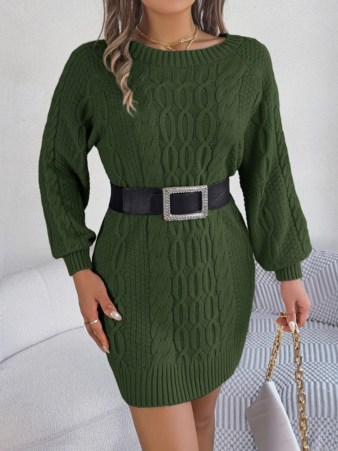 Cable-Knit Round Neck Sweater Dress - Wellen Fashion