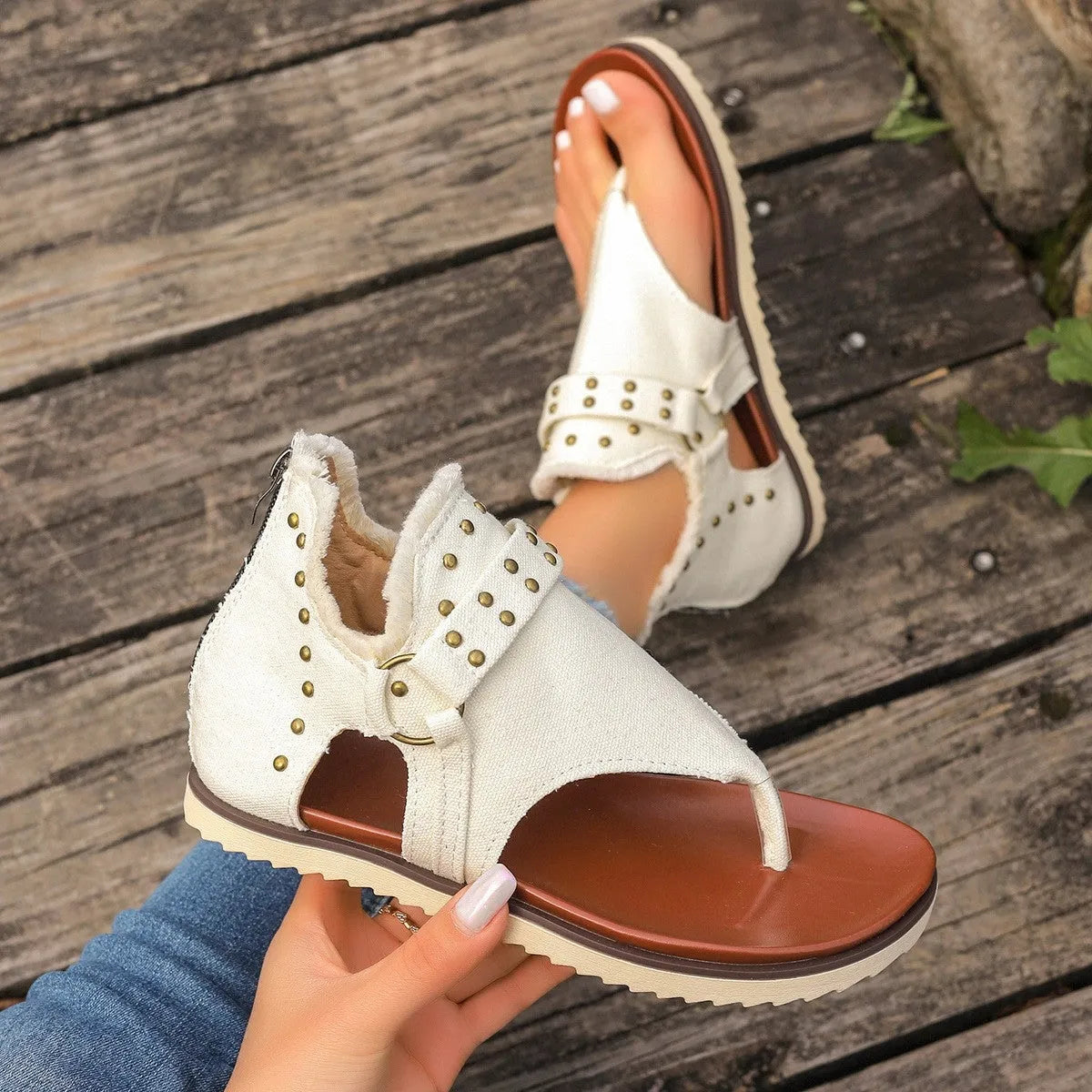 Studded Raw Hem Flat Sandals - Wellen Fashion