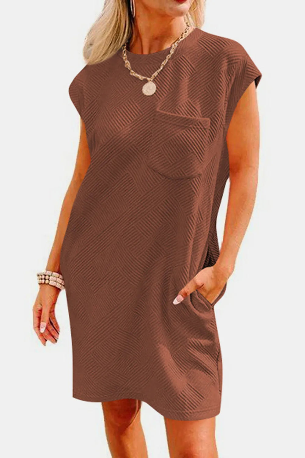 Textured Round Neck Cap Sleeve Dress - Wellen Fashion