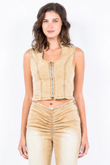 American Bazi Zip Up Washed Crop Denim Vest - Wellen Fashion