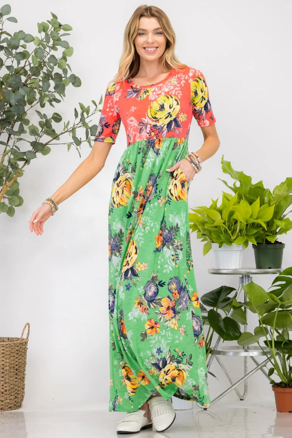 Celeste Full Size Printed Round Neck Short Sleeve Maxi Dress - Wellen Fashion