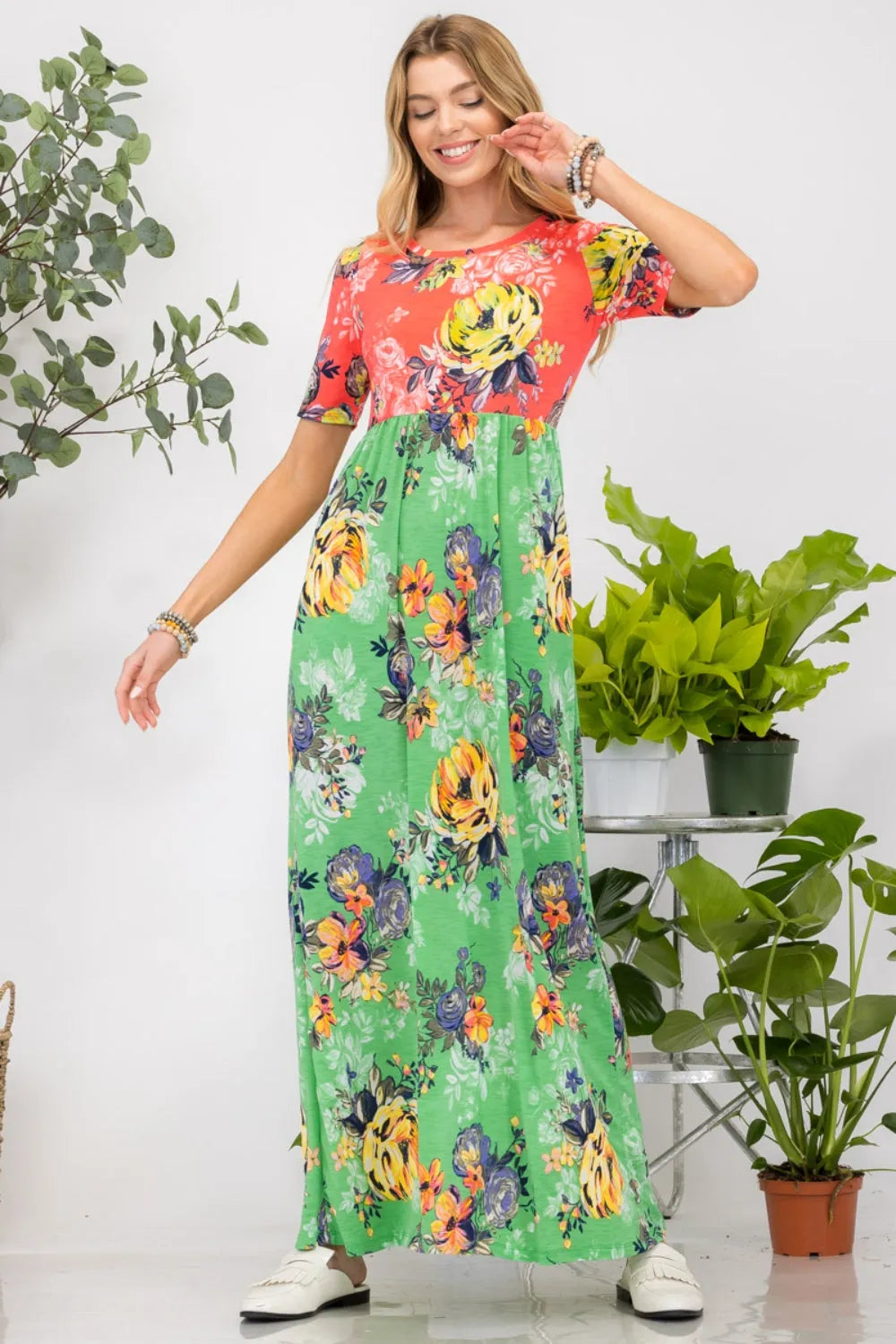 Celeste Full Size Printed Round Neck Short Sleeve Maxi Dress - Wellen Fashion