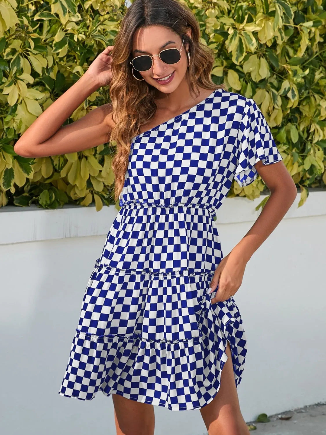 Checkered Single Shoulder Mini Dress - Wellen Fashion