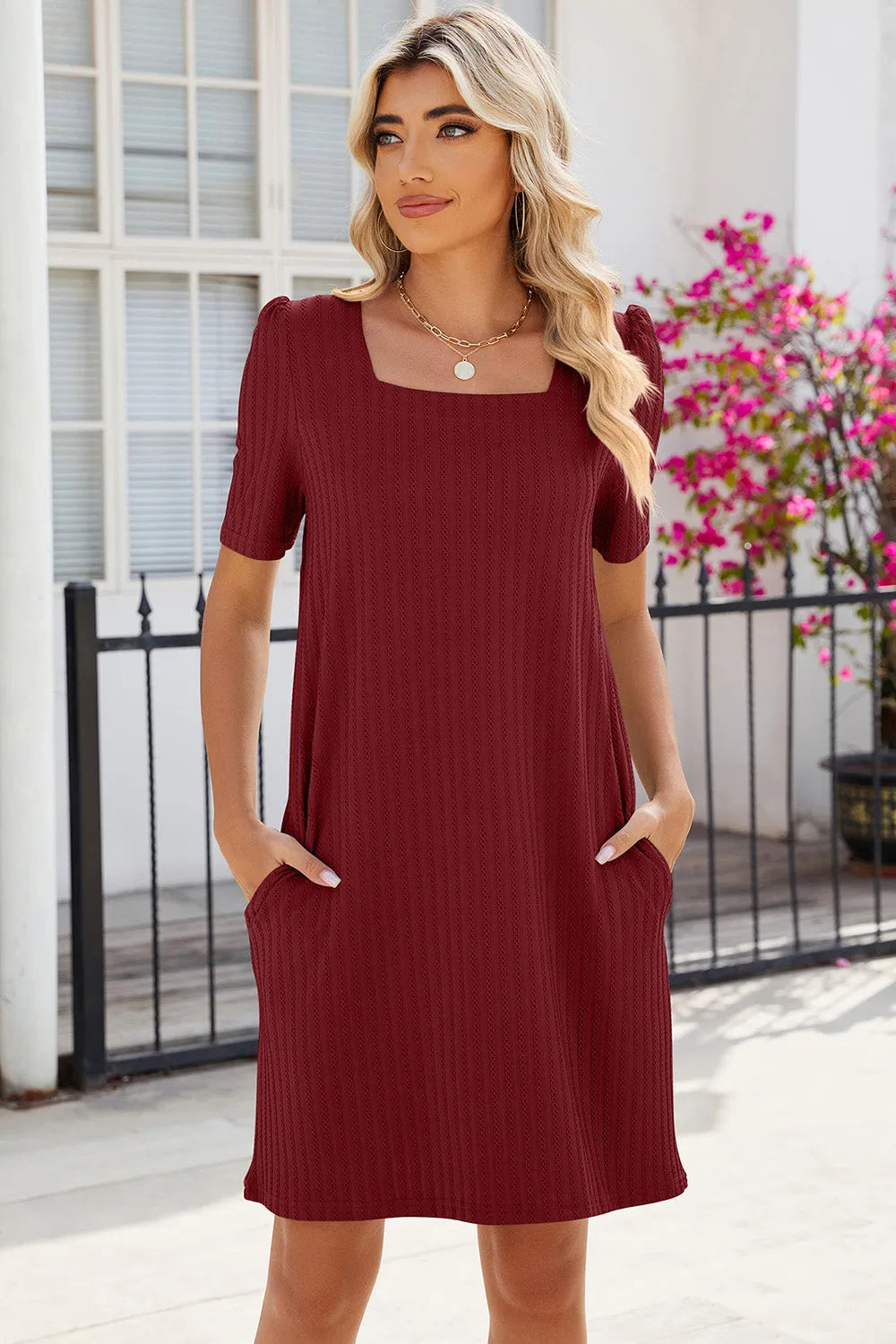 Pocketed Square Neck Short Sleeve Dress - Wellen Fashion