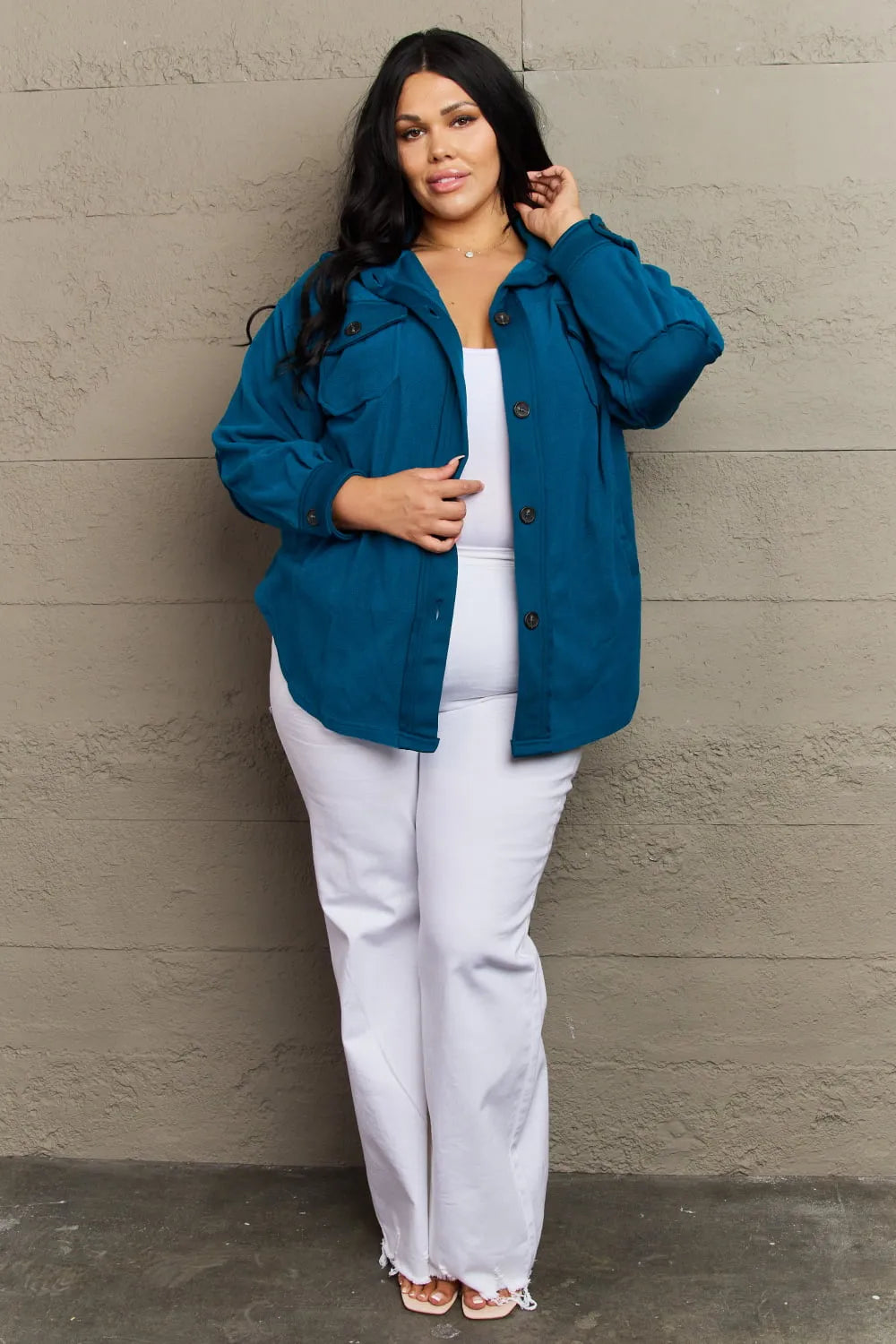 Zenana Cozy in the Cabin Full Size Fleece Elbow Patch Shacket in Teal - Wellen Fashion