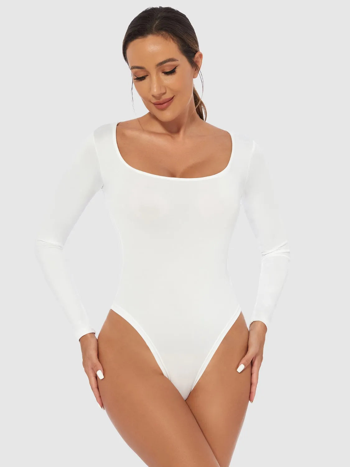 Full Size Scoop Neck Long Sleeve Bodysuit - Wellen Fashion