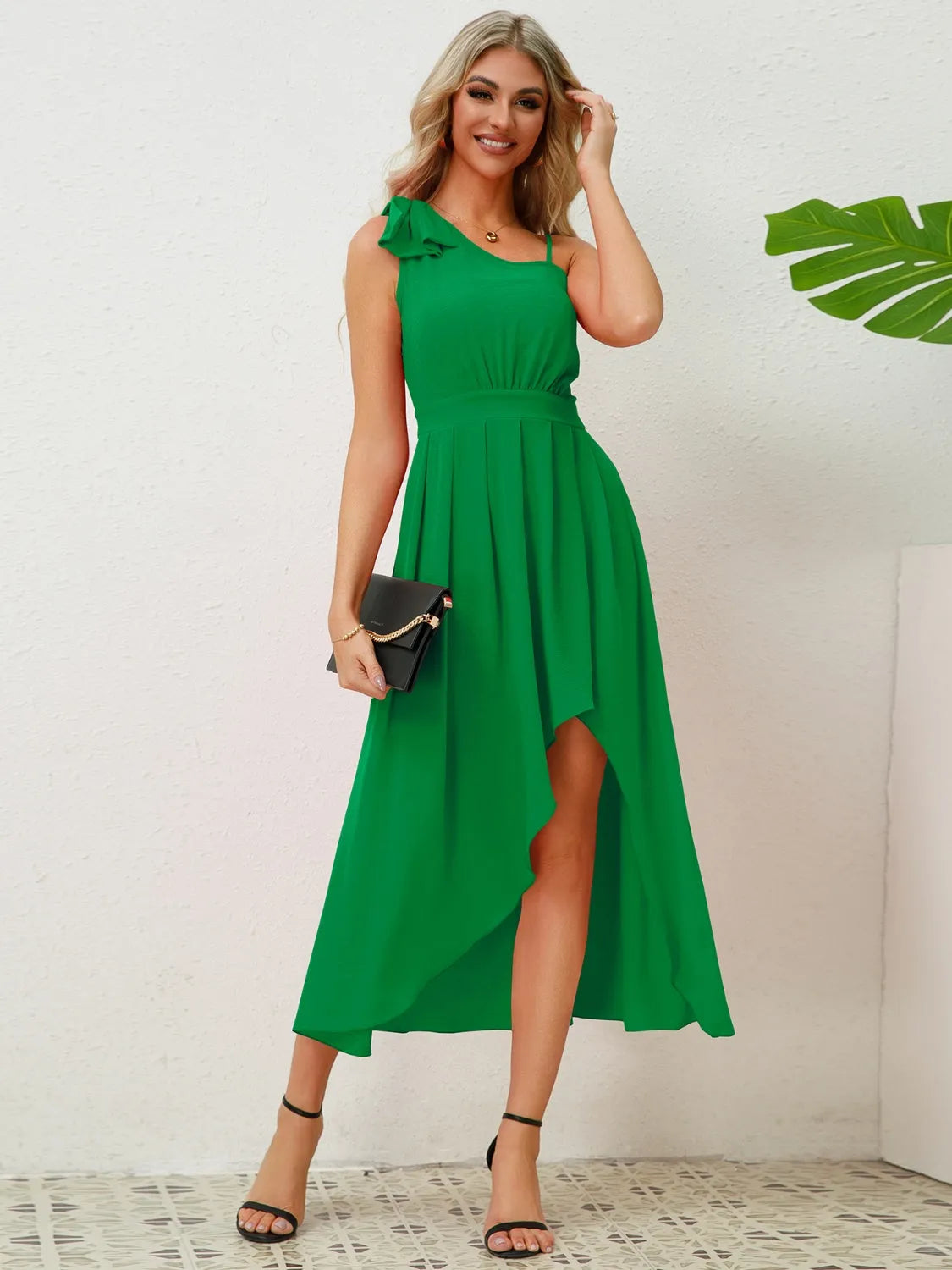 Bow Asymmetrical Neck Sleeveless Dress - Wellen Fashion