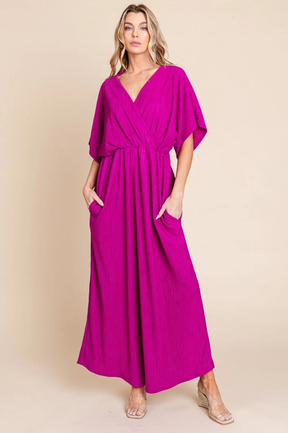 BOMBOM Surplice Maxi Dress with Pockets - Wellen Fashion