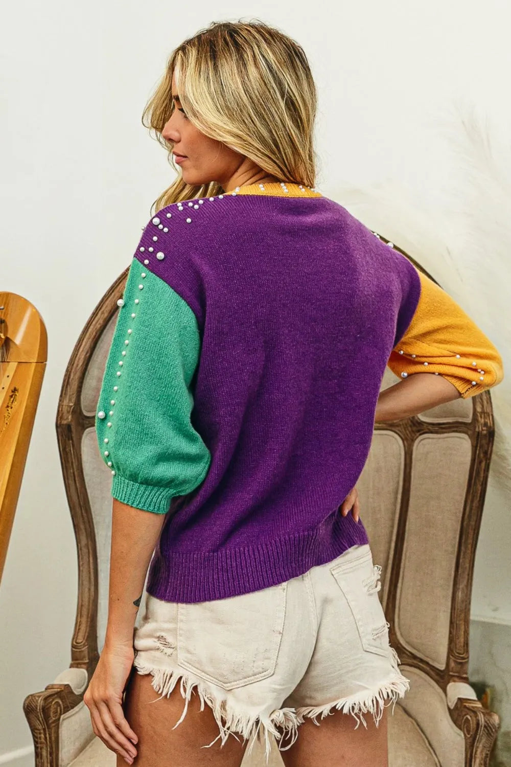 BiBi Color Block Pearl Detail Round Neck Sweater - Wellen Fashion