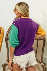 BiBi Color Block Pearl Detail Round Neck Sweater - Wellen Fashion