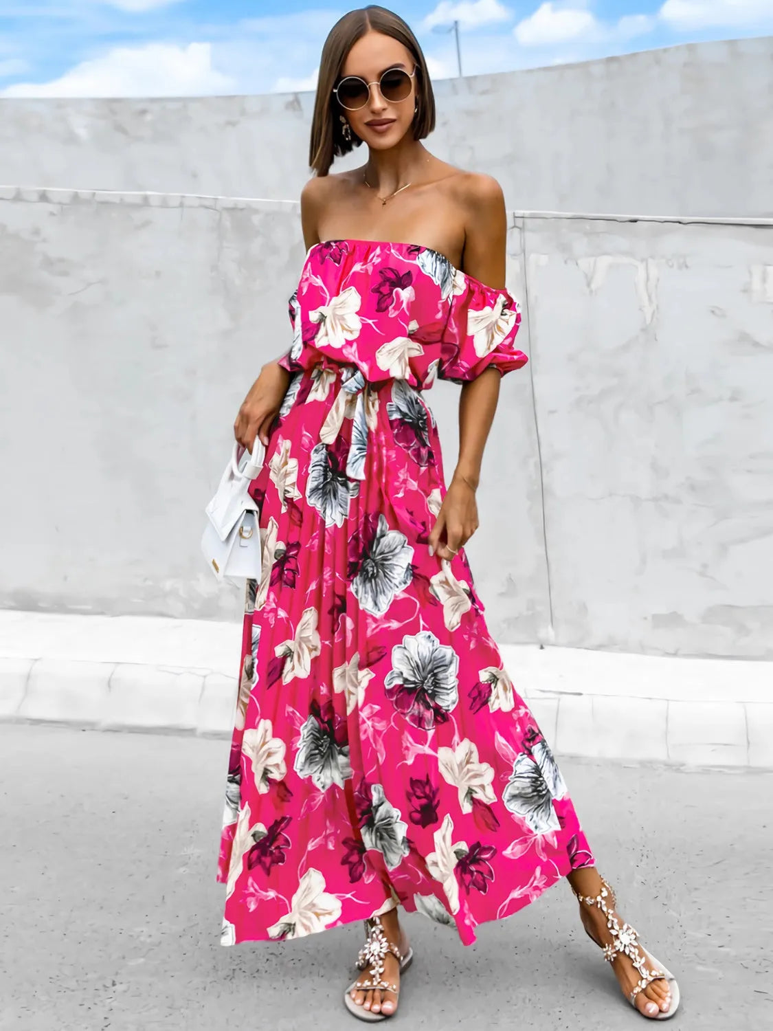 Pleated Floral Off-Shoulder Short Sleeve Midi Dress - Wellen Fashion