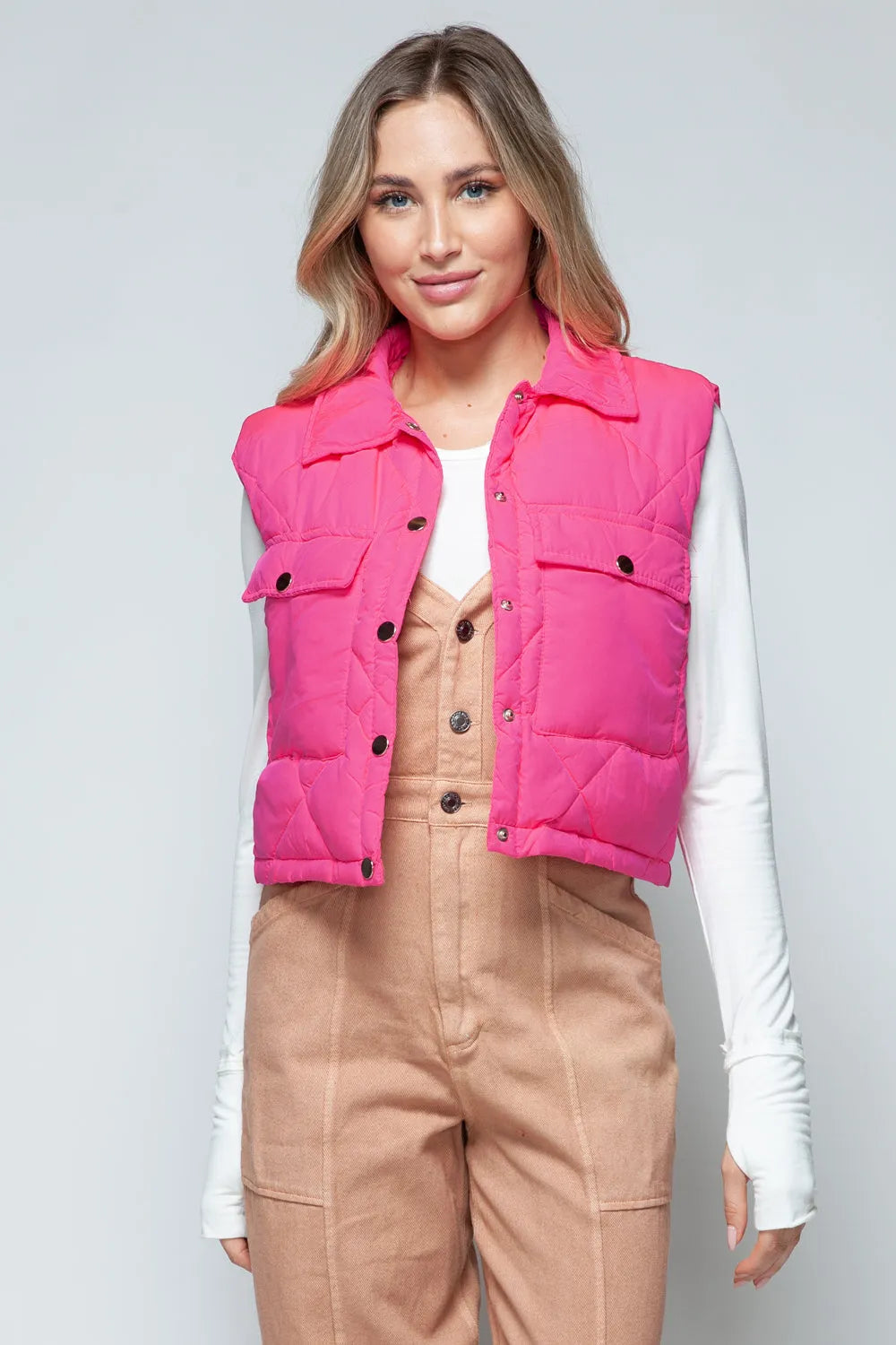 Snobbish Snap Down Quilted Crop Vest - Wellen Fashion