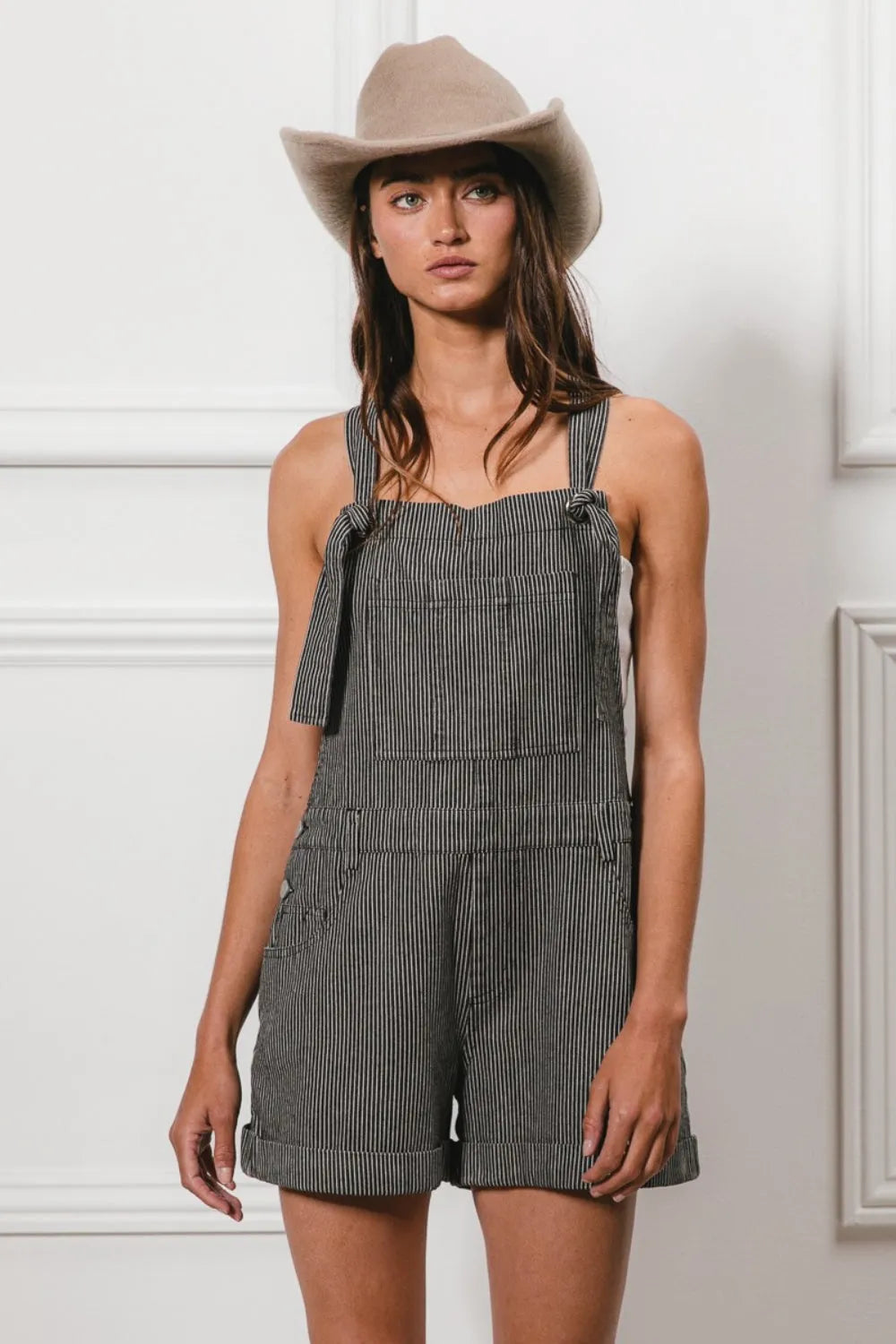 BiBi Tie Strap Washed Stripe Denim Overalls - Wellen Fashion