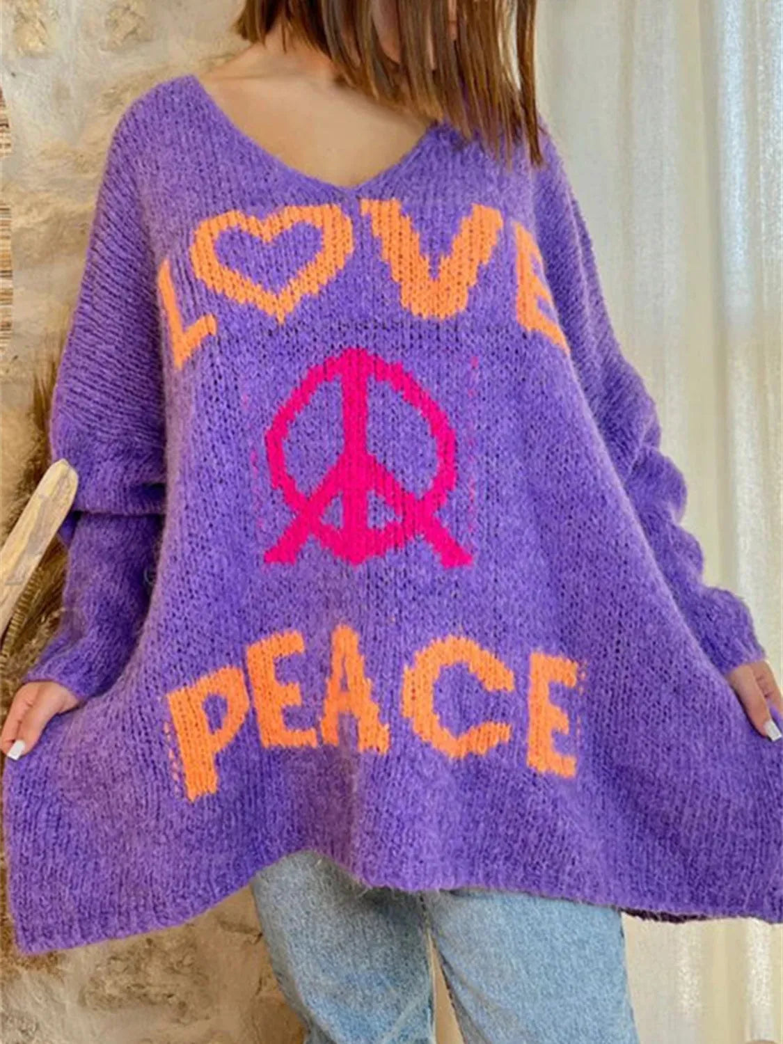 Peace Graphic V-Neck Long Sleeve Sweater - Wellen Fashion