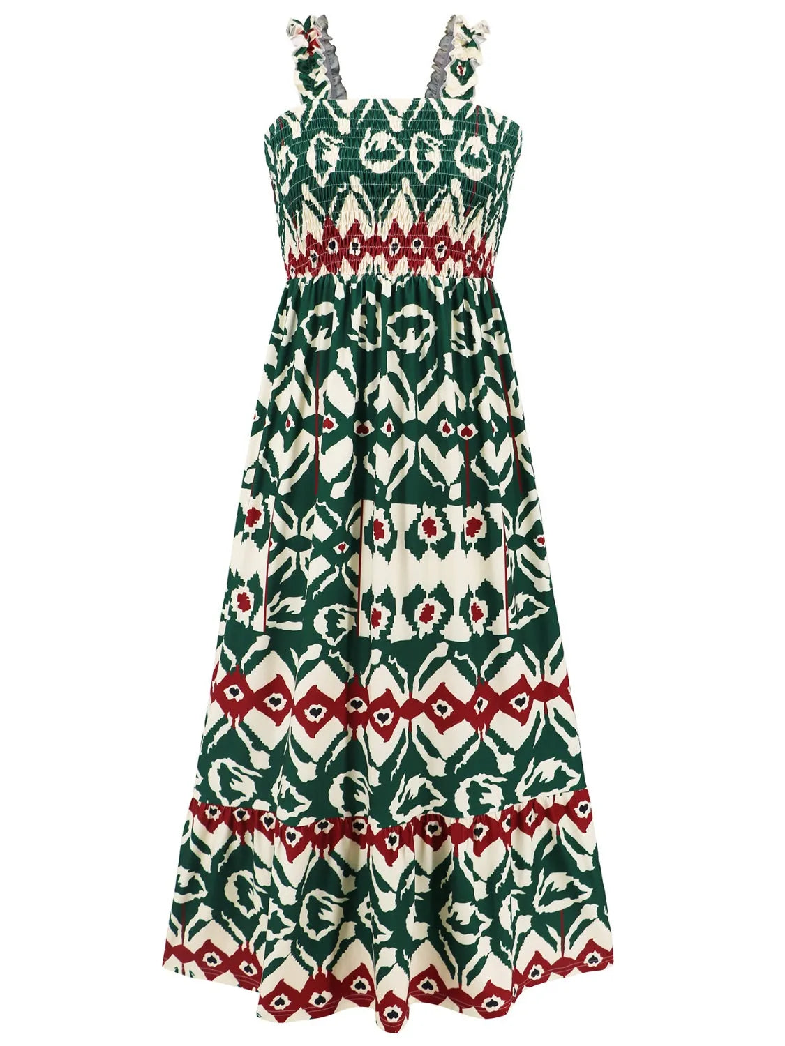 Smocked Printed Square Neck Sleeveless Dress - Wellen Fashion