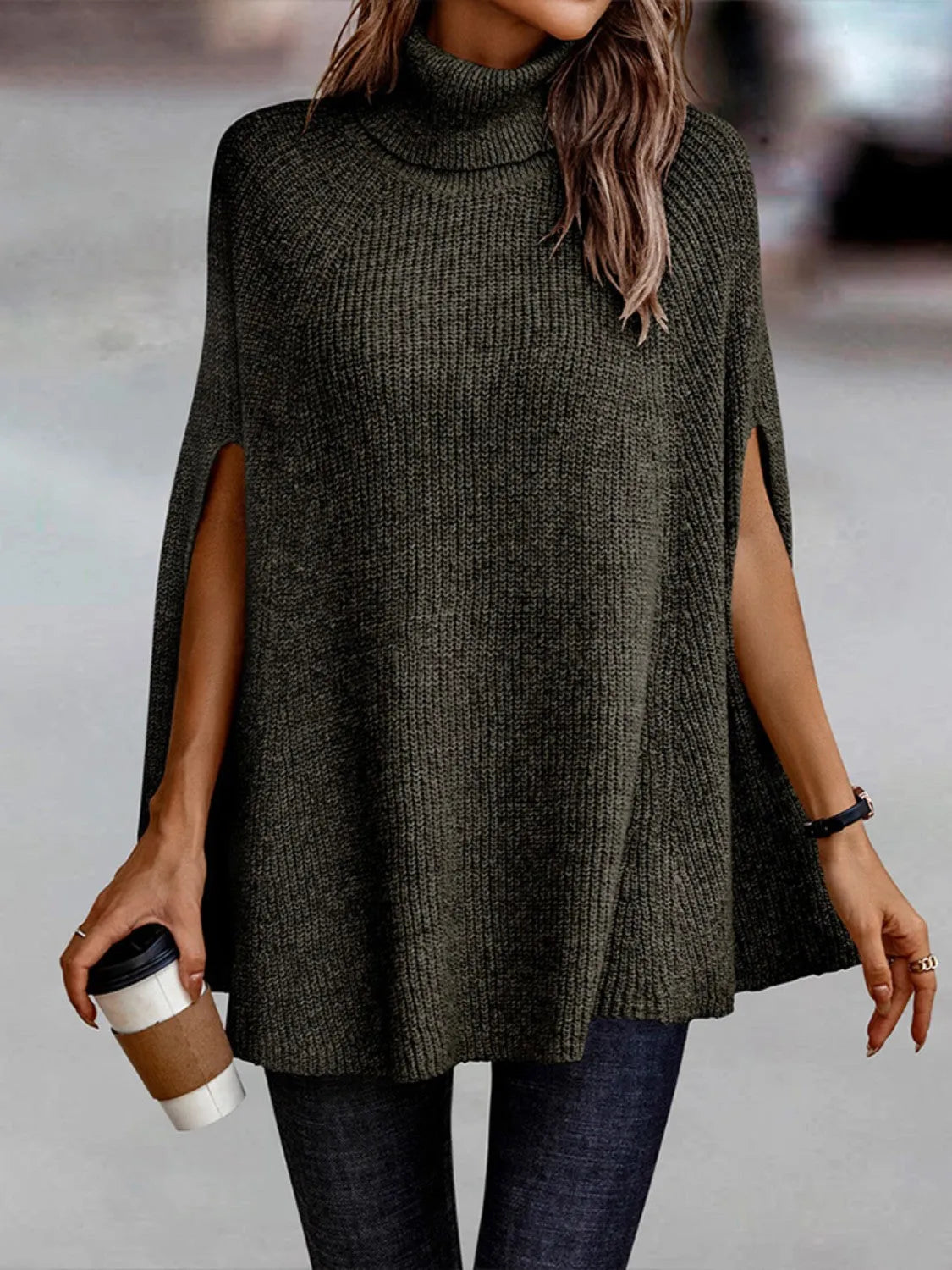 Turtleneck Dolman Sleeve Poncho - Wellen Fashion