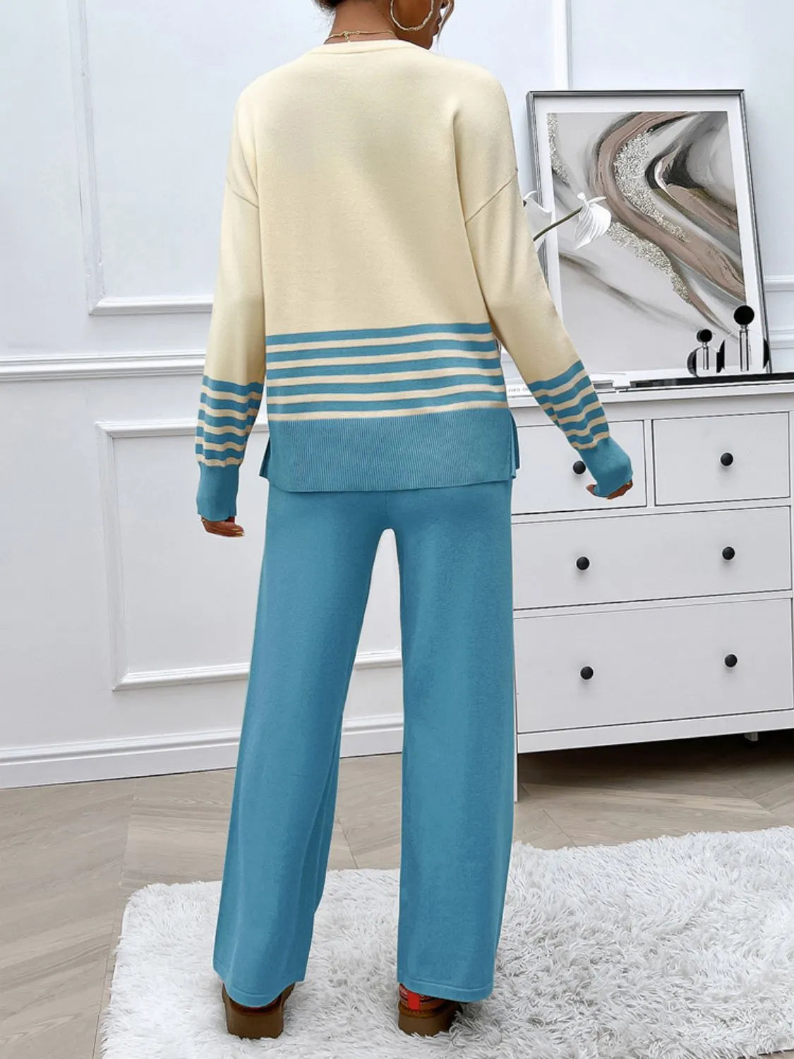 Devine Slit Striped Round Neck Top and Pants Sweater Set - Wellen Fashion