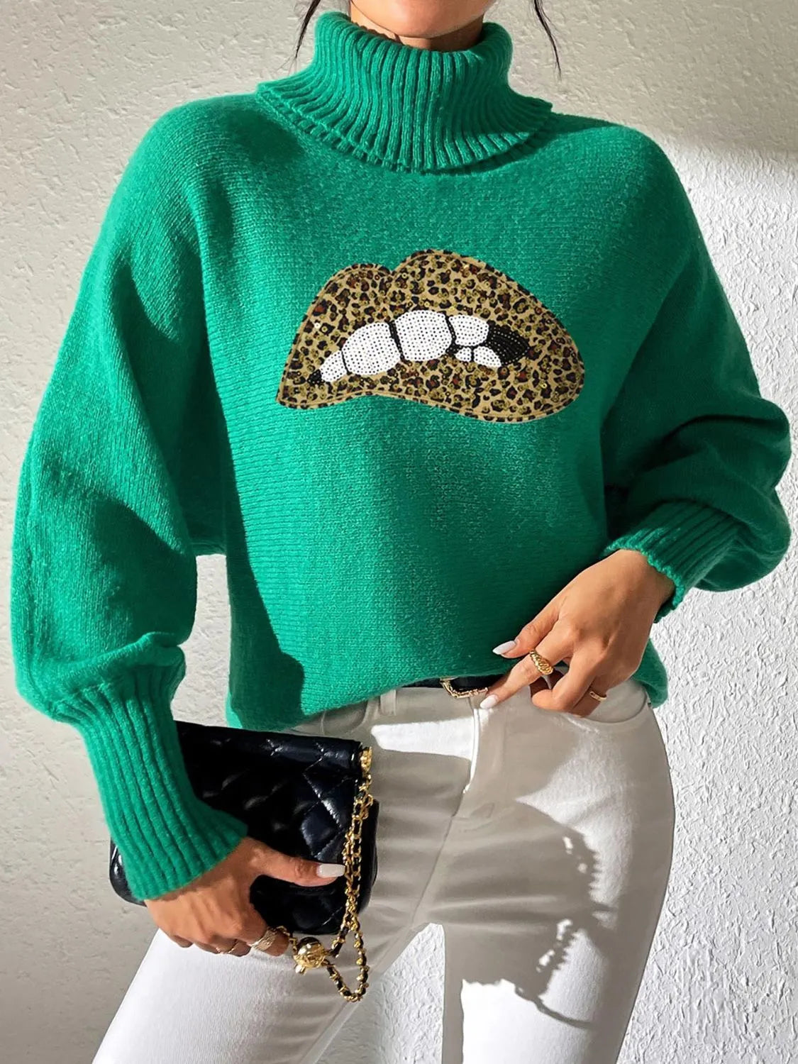 Lip Turtleneck Long Sleeve Sweater - Wellen Fashion