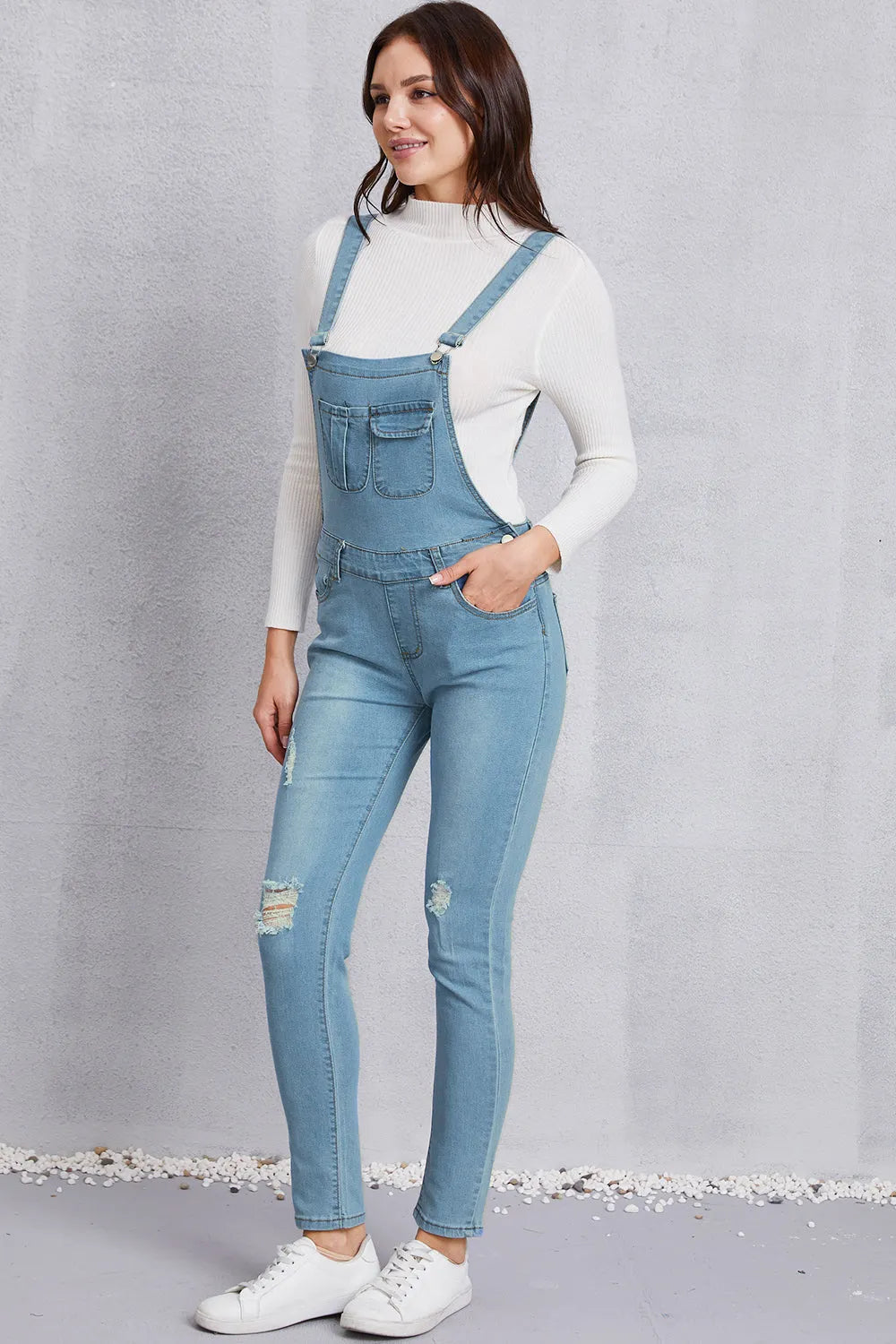 Distressed Washed Denim Overalls with Pockets - Wellen Fashion