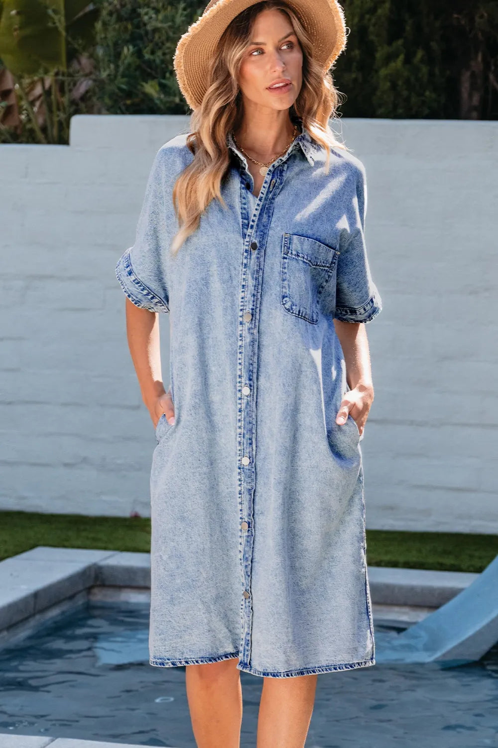 Pocketed Button Up Half Sleeve Denim Dress - Wellen Fashion