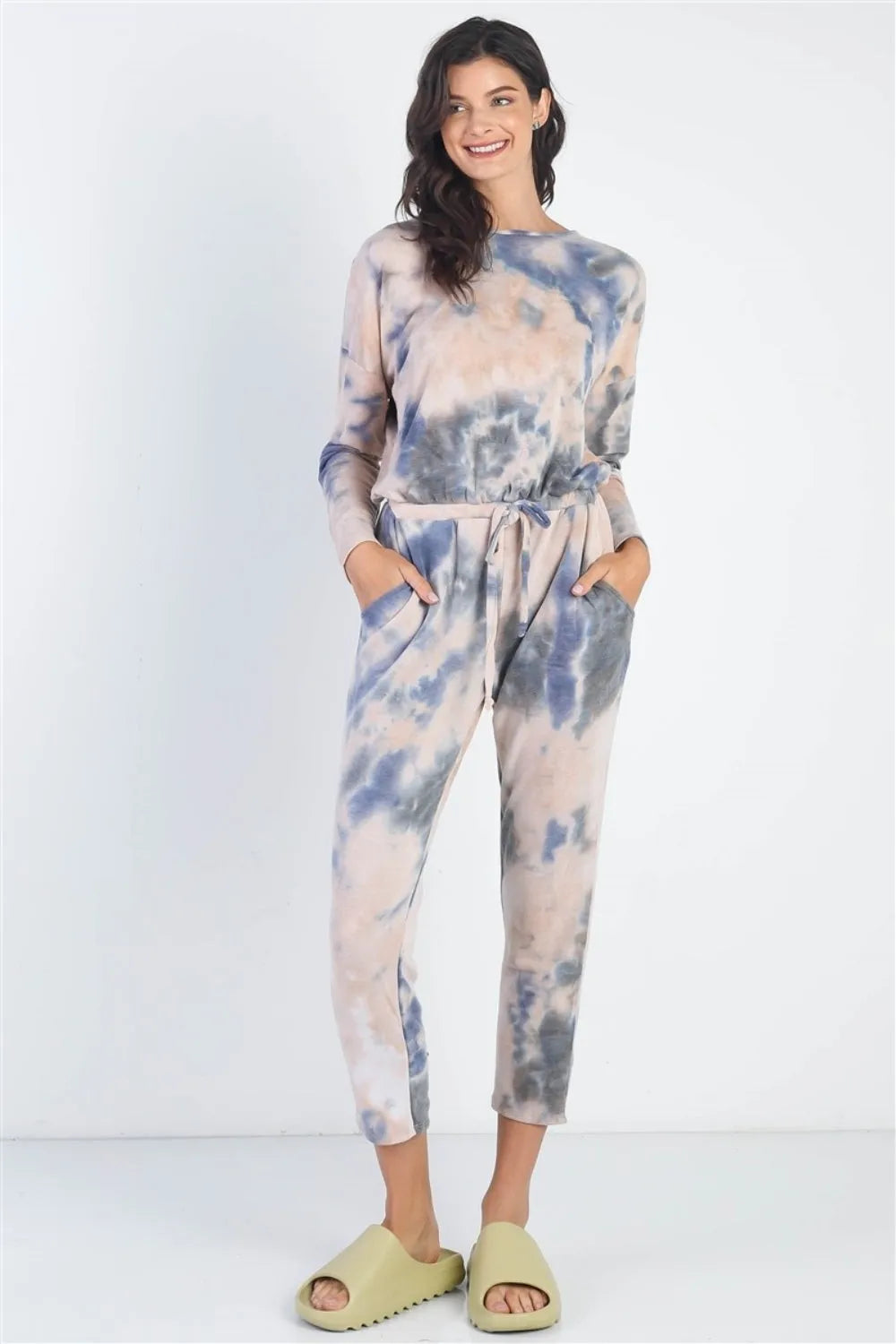 Cherish Apparel Tie-Dye Round Neck Long Sleeve Jumpsuit - Wellen Fashion