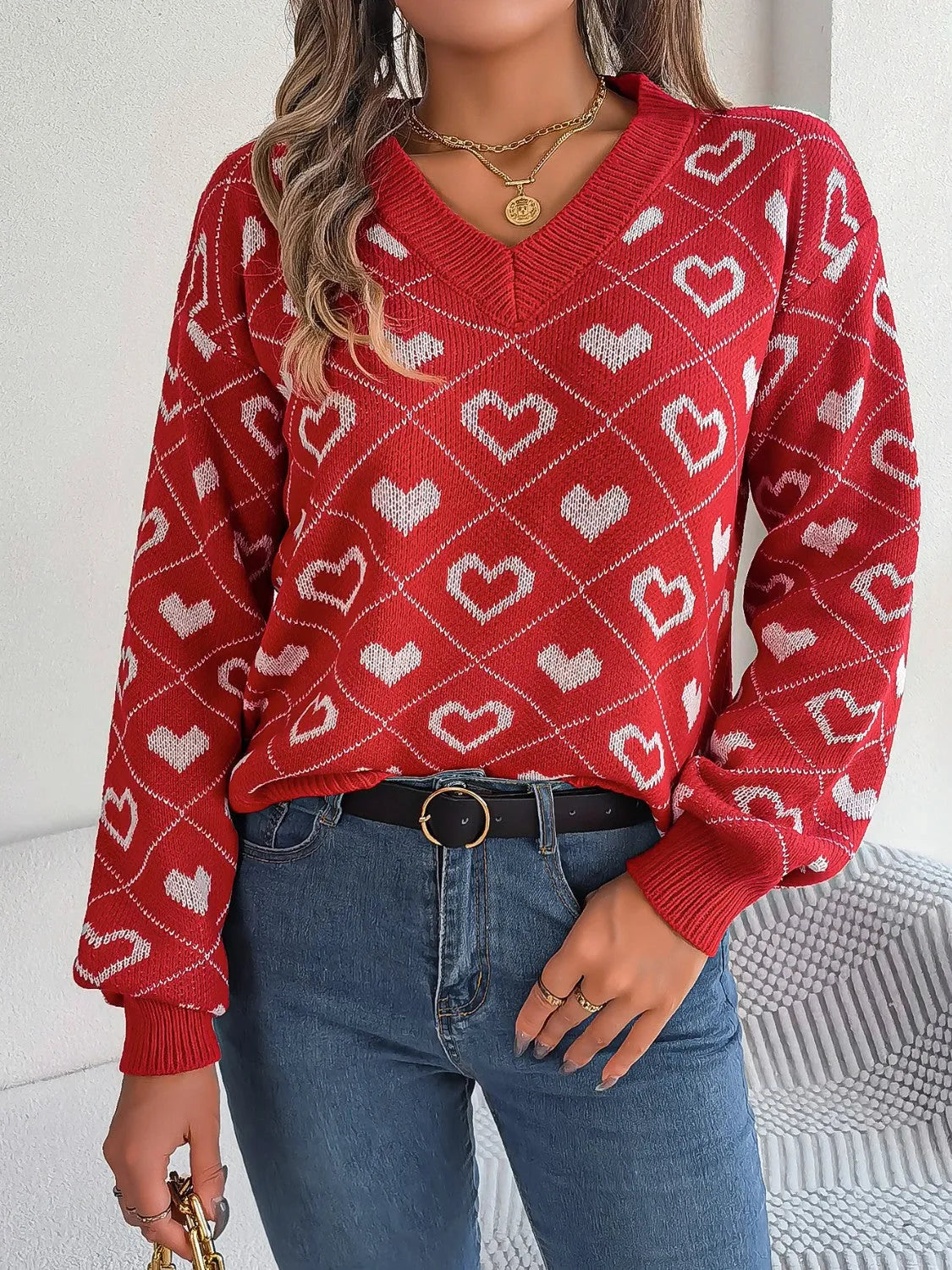 Heart Pattern V-Neck Long Sleeve Sweater - Wellen Fashion