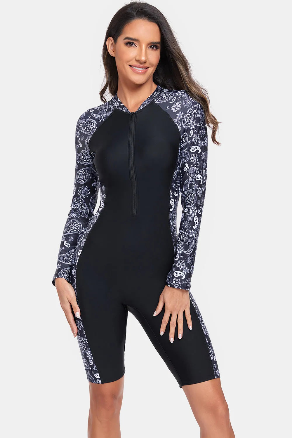 Printed Half Zip Long Sleeve One-Piece Swimwear - Wellen Fashion