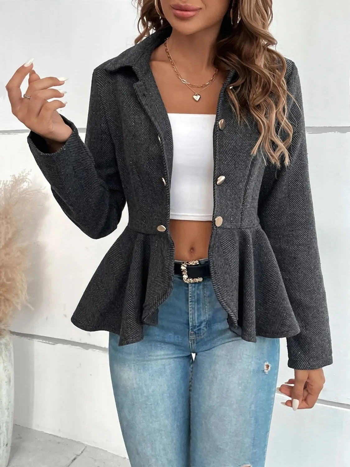 Ruffle Hem Collared Blazer - Wellen Fashion