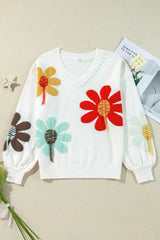 Flower V-Neck Dropped Shoulder Sweater - Wellen Fashion