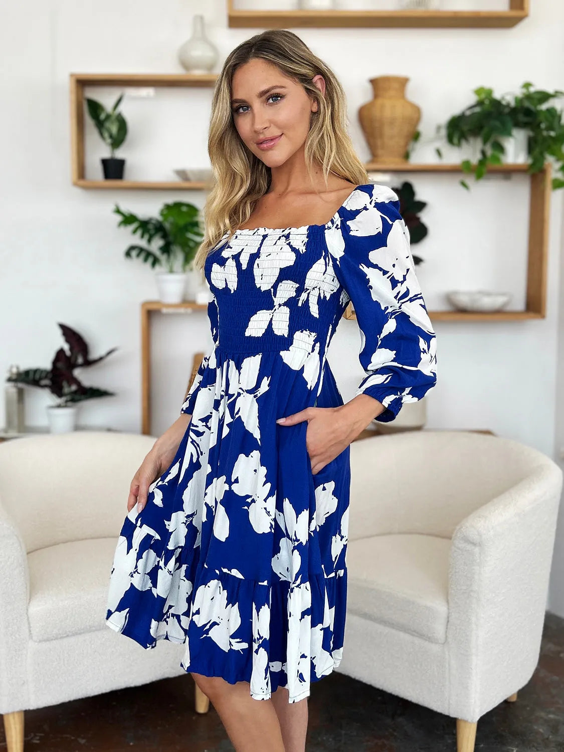 Double Take Full Size Floral Ruffle Hem Smocked Dress with Pockets - Wellen Fashion