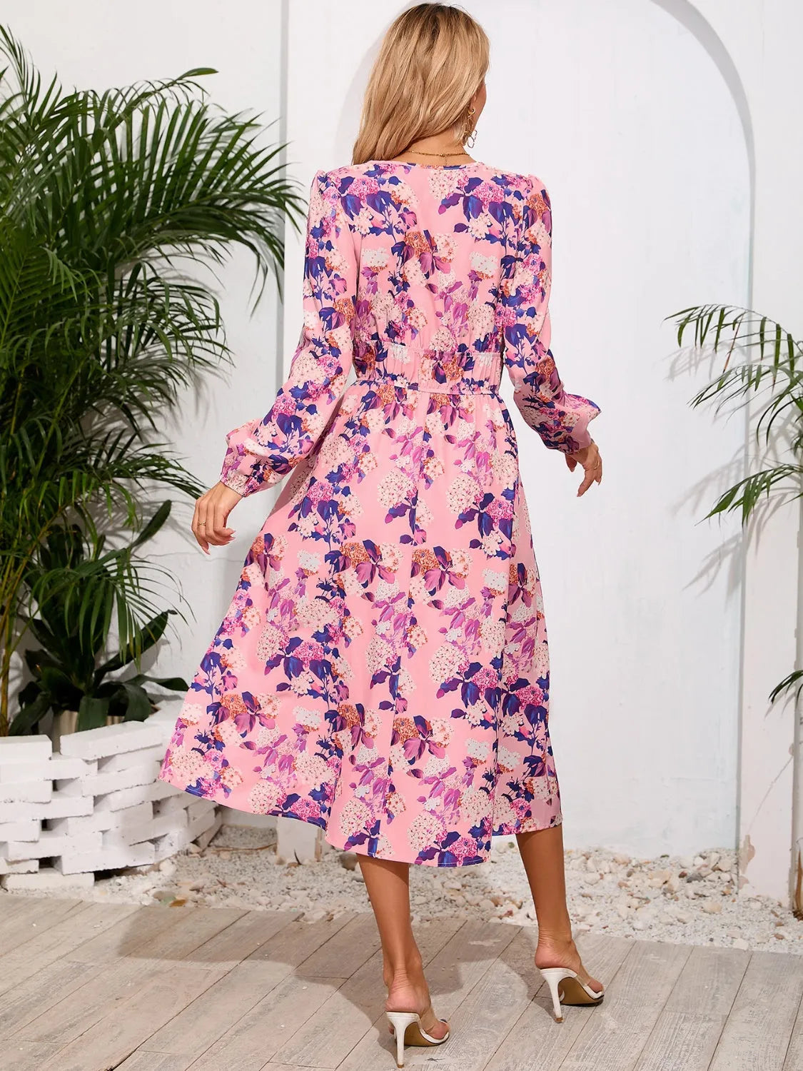 Printed Surplice Long Sleeve Midi Dress - Wellen Fashion