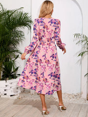 Printed Surplice Long Sleeve Midi Dress - Wellen Fashion