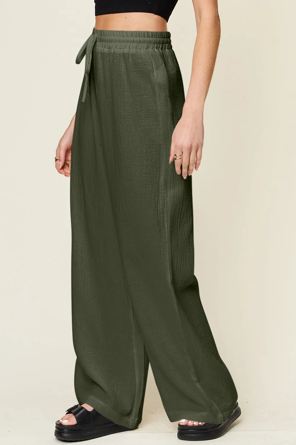 Double Take Full Size Texture Drawstring Wide Leg Pants - Wellen Fashion