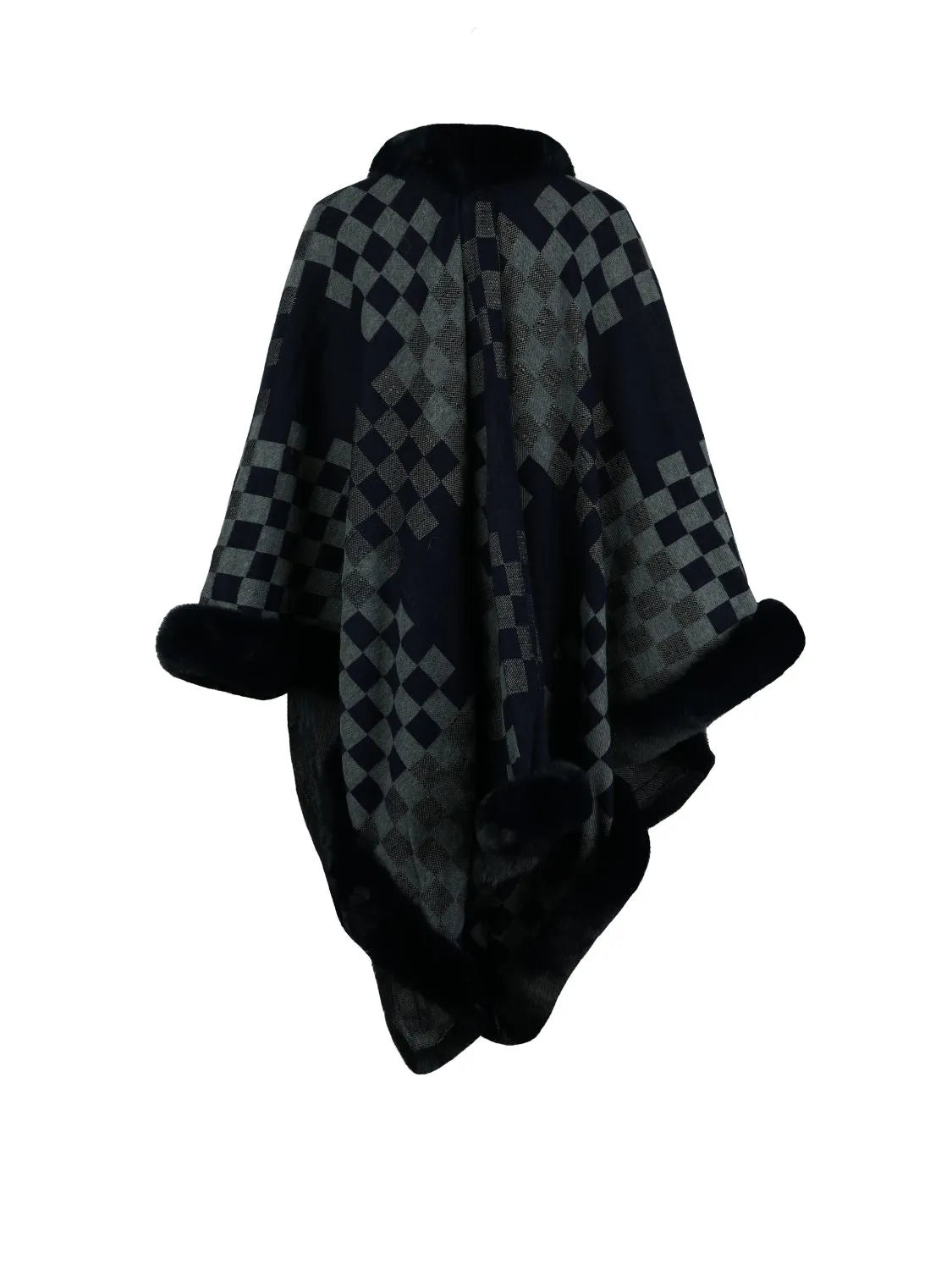 Checkered Faux Fur Trim Poncho - Wellen Fashion