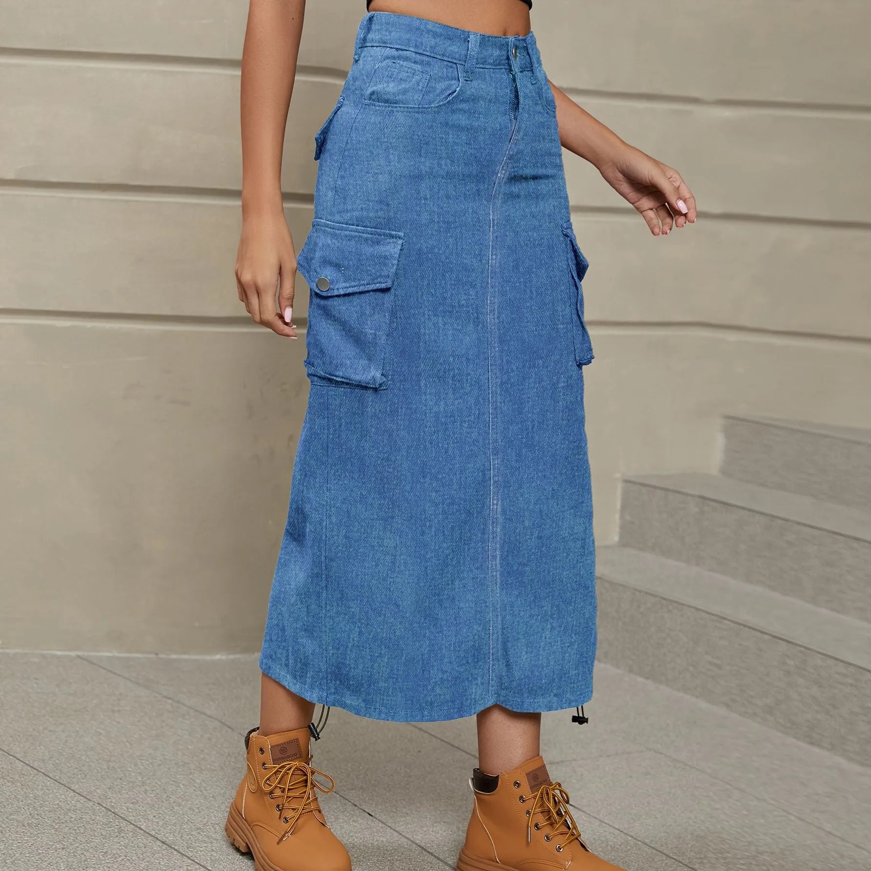 Drawstring Ruched Slit Denim Midi Skirt - Wellen Fashion