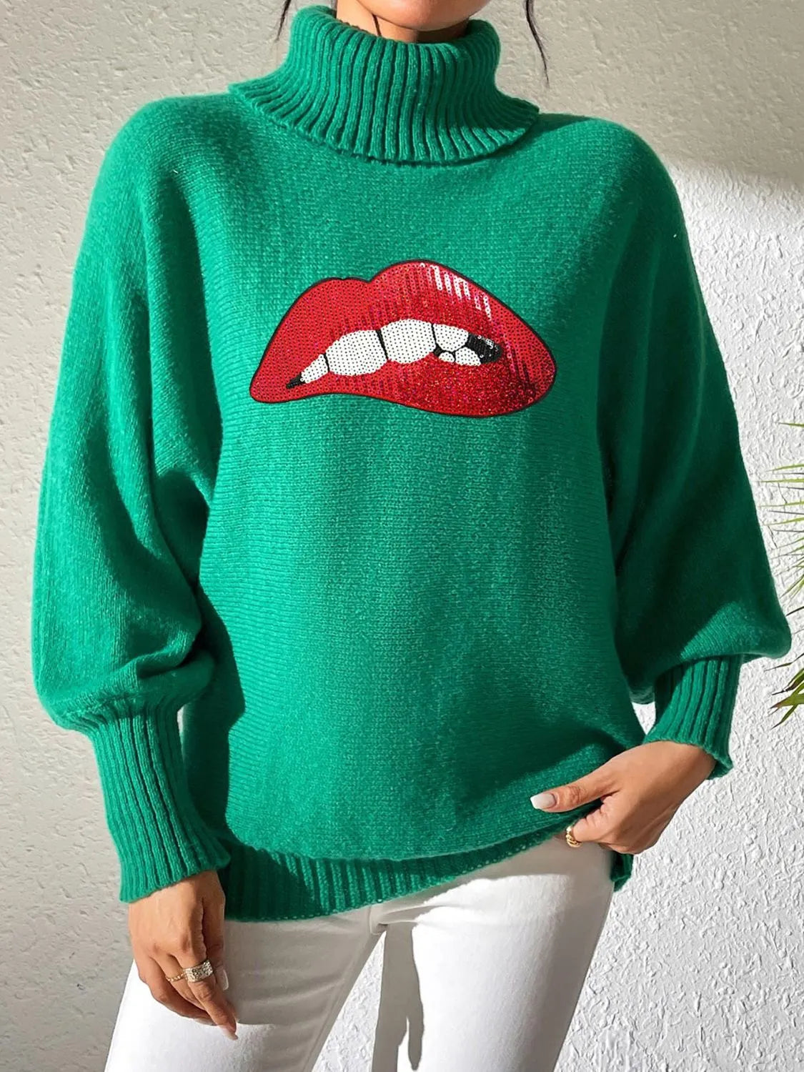 Lip Turtleneck Long Sleeve Sweater - Wellen Fashion