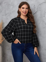 Honey Plus Size Notched Neck Long Sleeve Blouse - Wellen Fashion