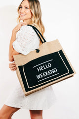 Fame Hello Weekend Burlap Tote Bag - Wellen Fashion