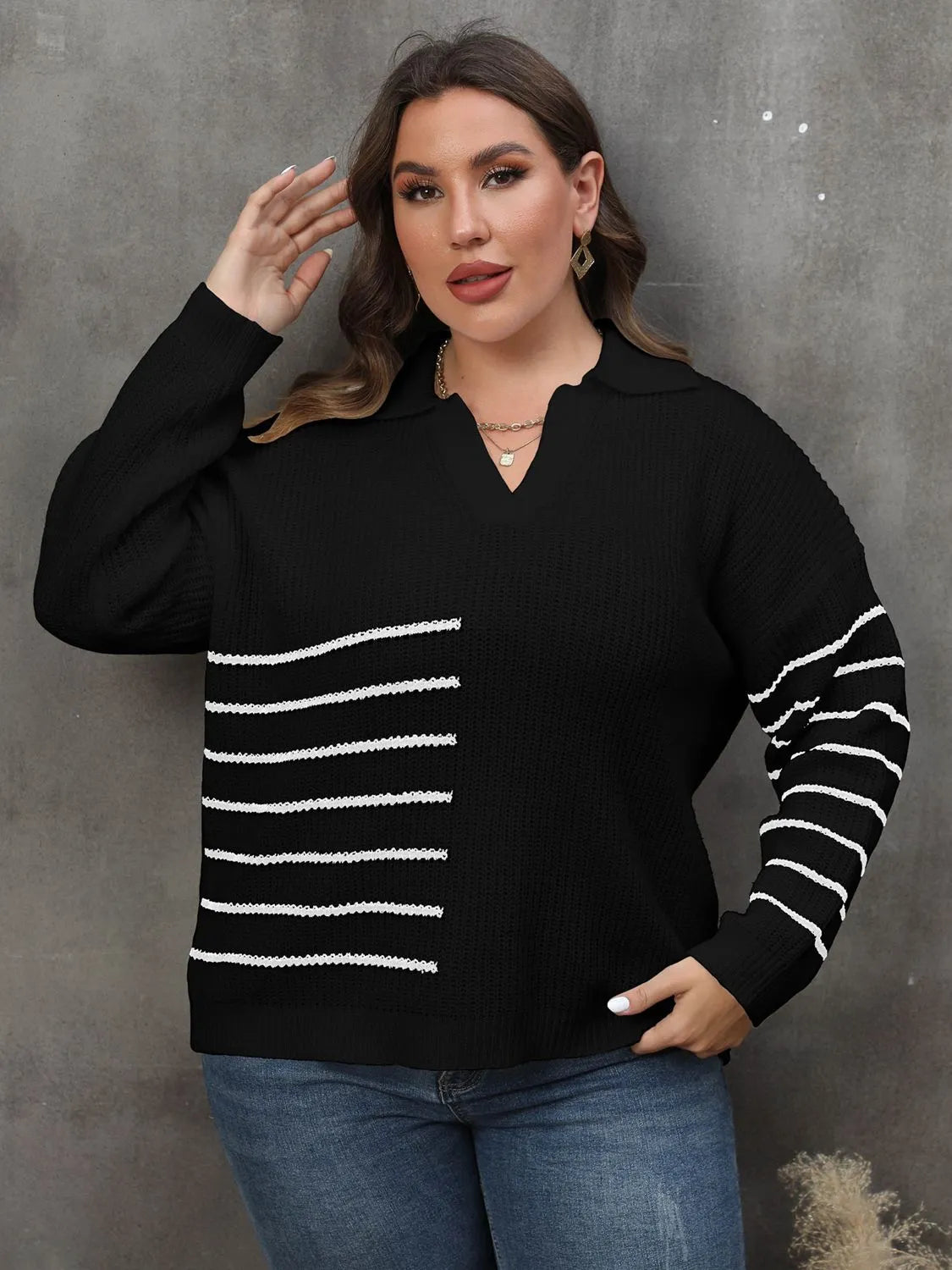 Plus Size Striped V-Neck Sweater - Wellen Fashion