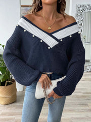 Contrast Trim Dropped Shoulder Long Sleeve Sweater - Wellen Fashion