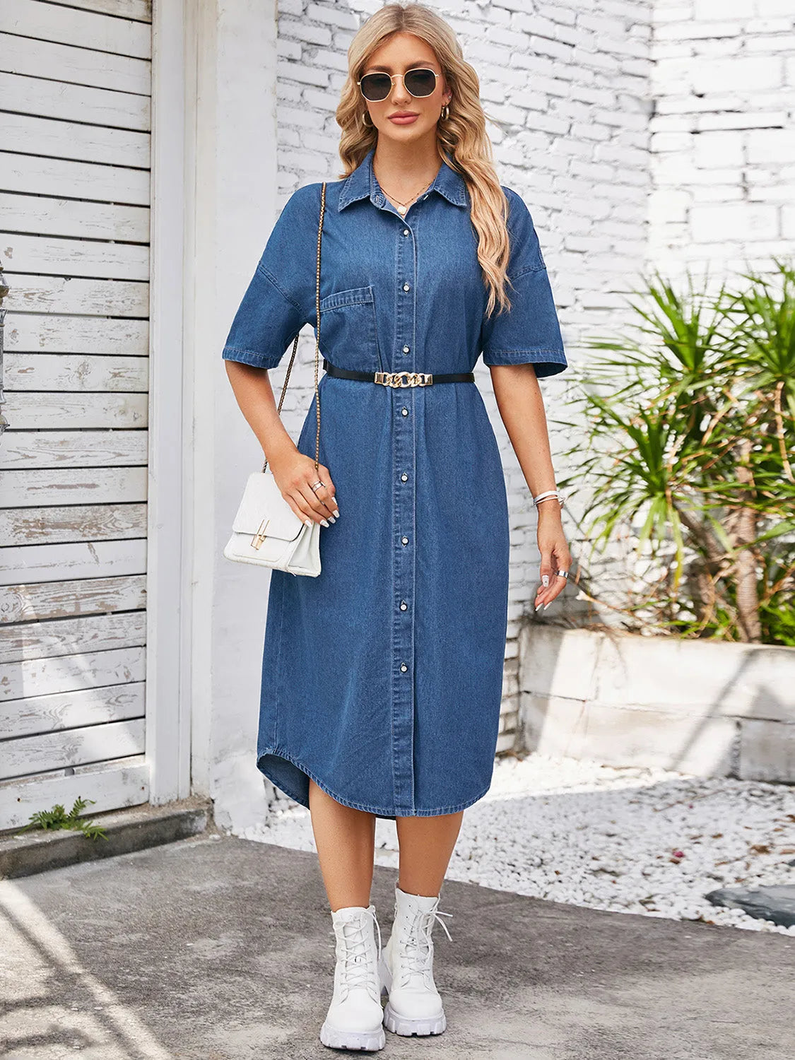 Button Down Half Sleeve Denim Dress - Wellen Fashion