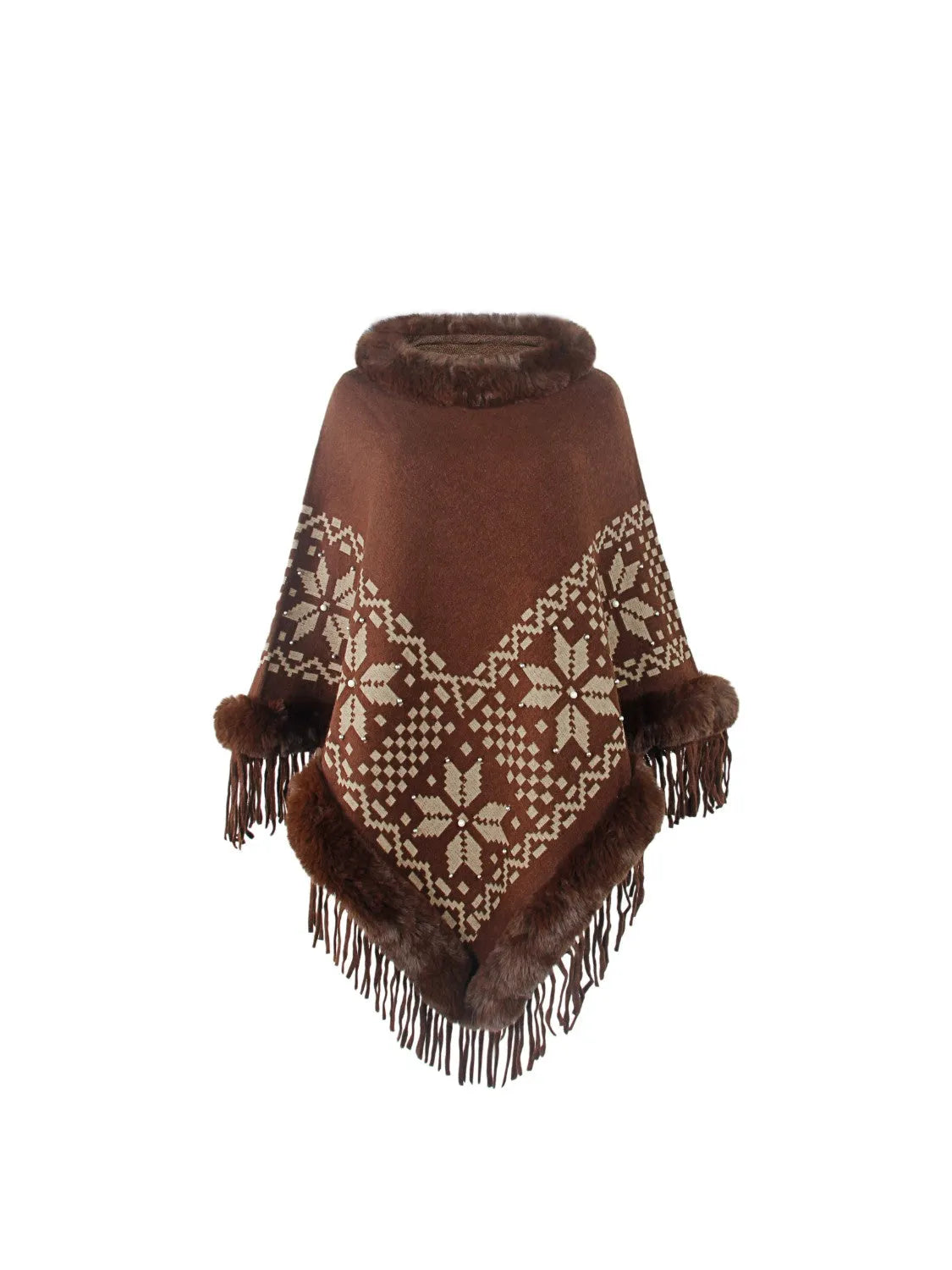 Fringe Geometric Cape Sleeve Poncho - Wellen Fashion