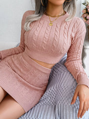 Cable-Knit Round Neck Top and Skirt Sweater Set - Wellen Fashion