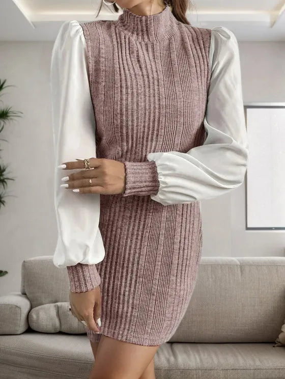 Ribbed Contrast Long Sleeve Sweater Dress - Wellen Fashion