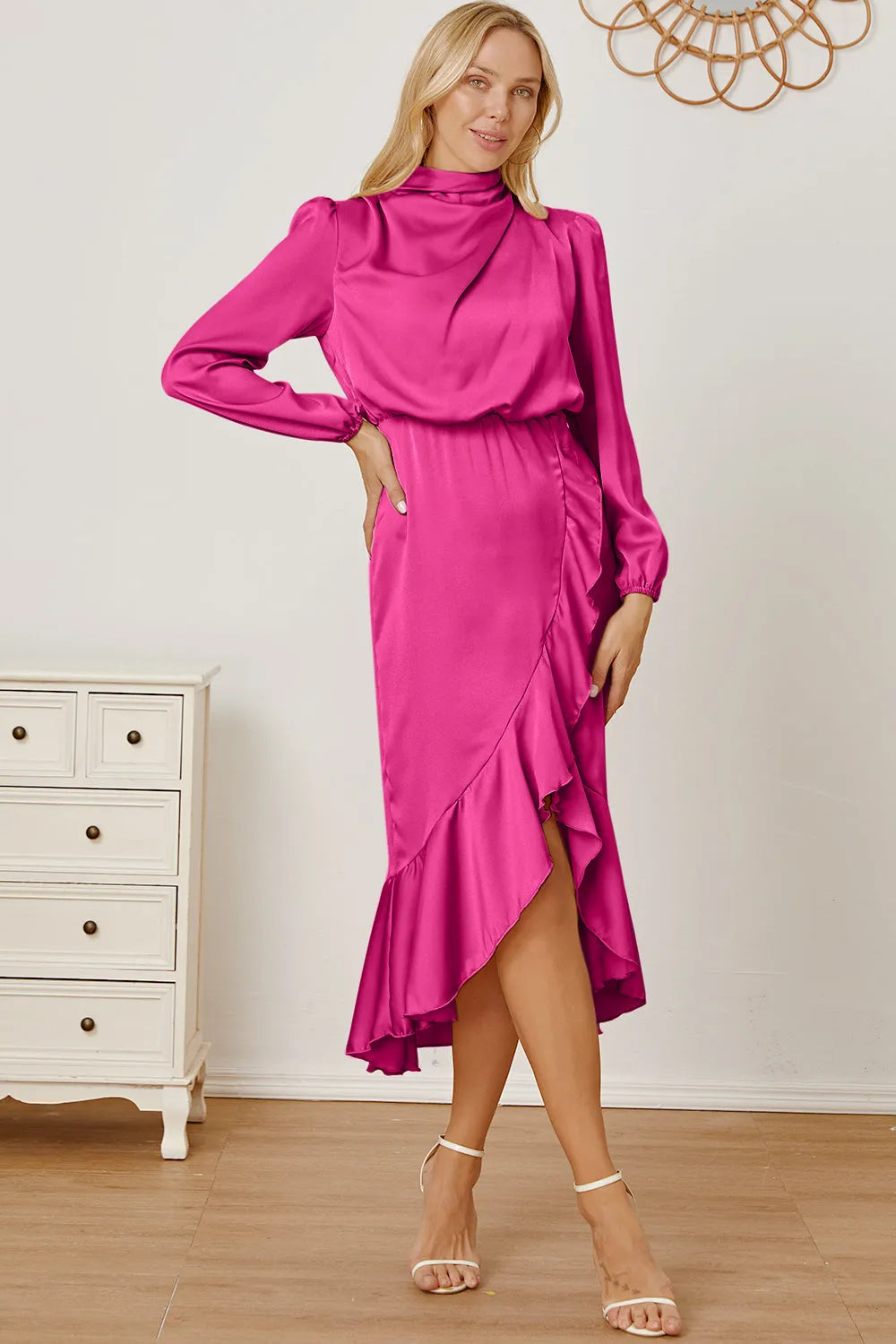 Mock Neck Ruffled Asymmetrical Dress - Wellen Fashion