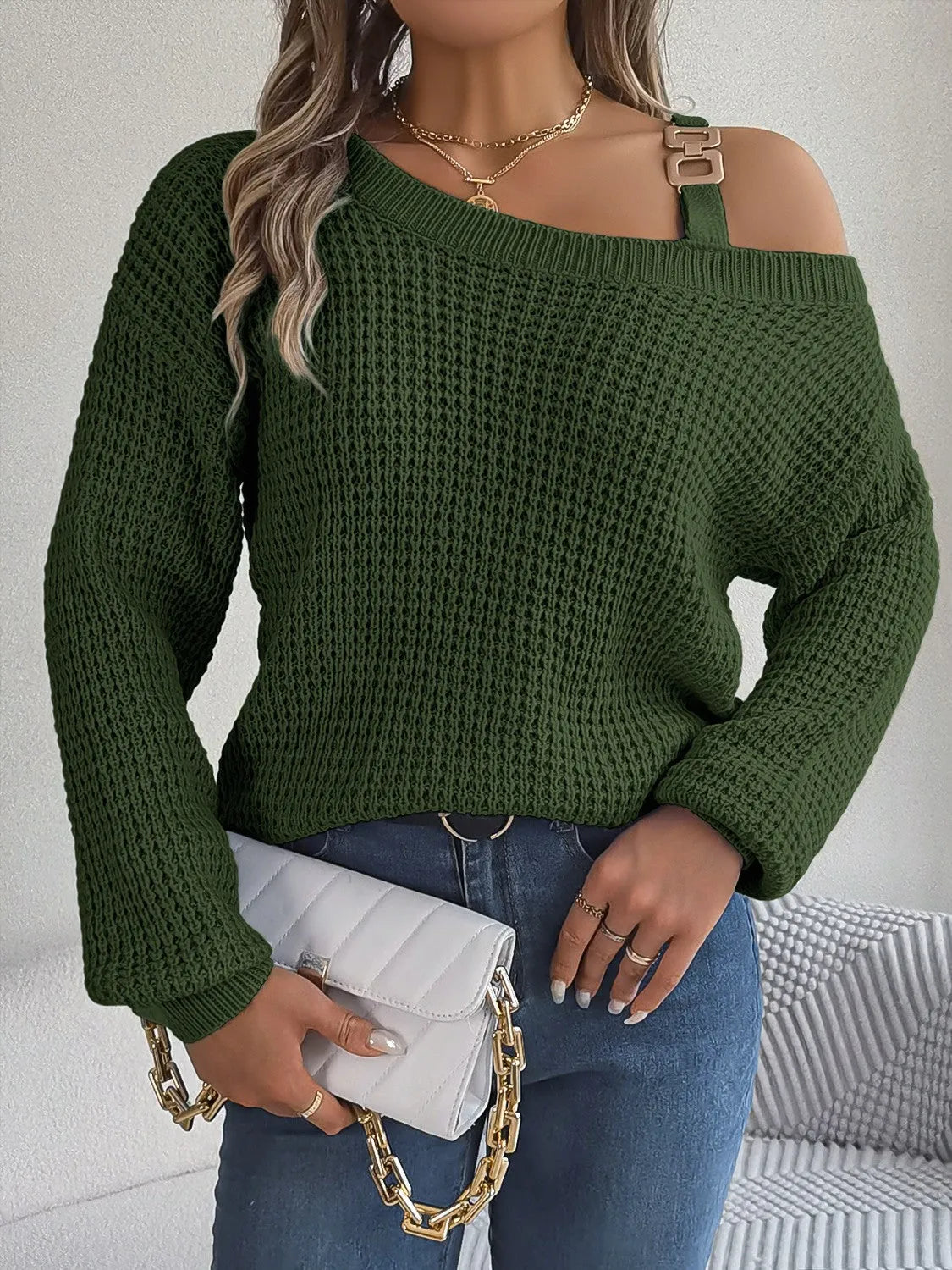 Asymmetrical Neck Long Sleeve Sweater - Wellen Fashion