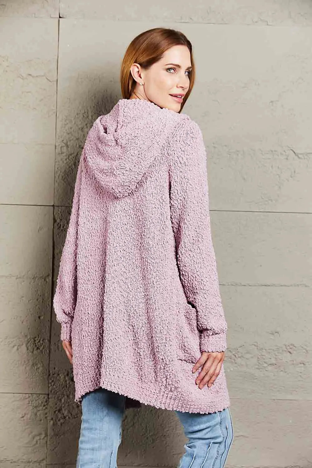 Double Take Popcorn-Knit Long Sleeve Hooded Cardigan - Wellen Fashion