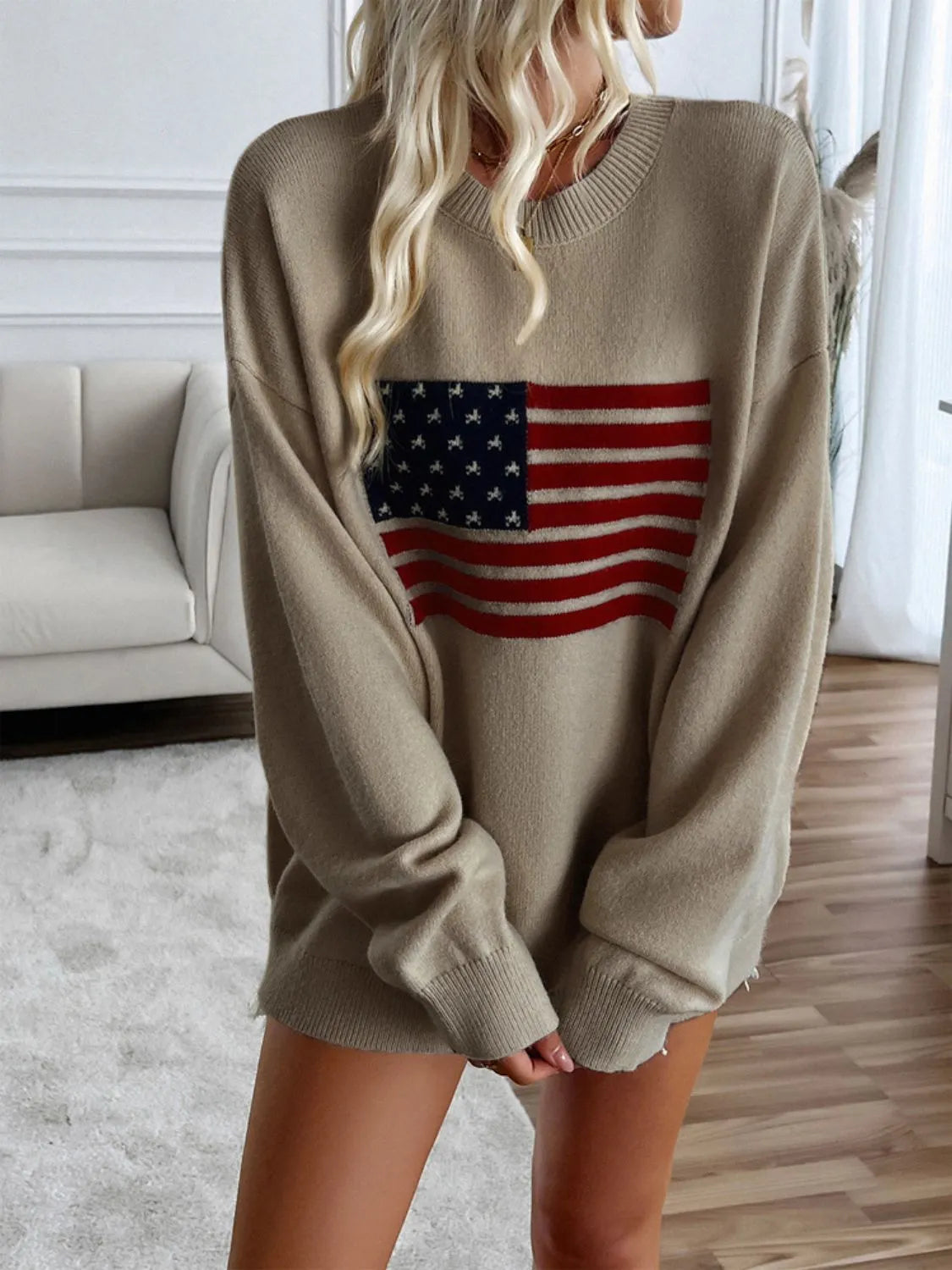 Devine US Flag Round Neck Long Sleeve Knit Top - Wellen Fashion