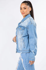 American Bazi Graphic Distressed Long Sleeve Denim Jacket - Wellen Fashion