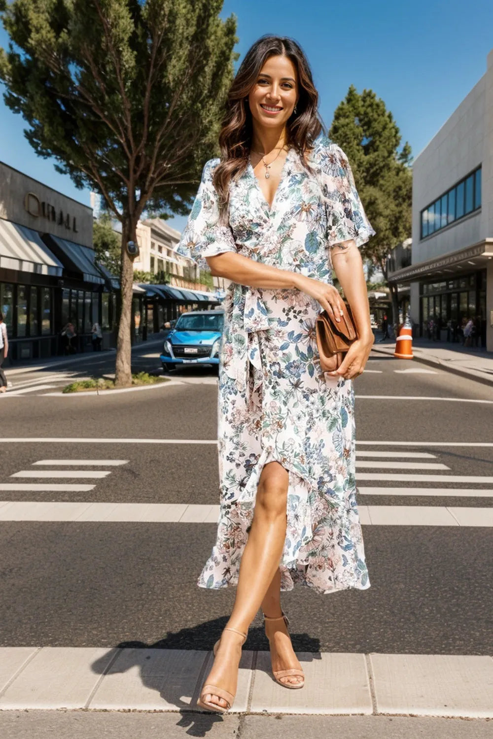 High-Low Printed Surplice Flutter Sleeve Midi Dress - Wellen Fashion